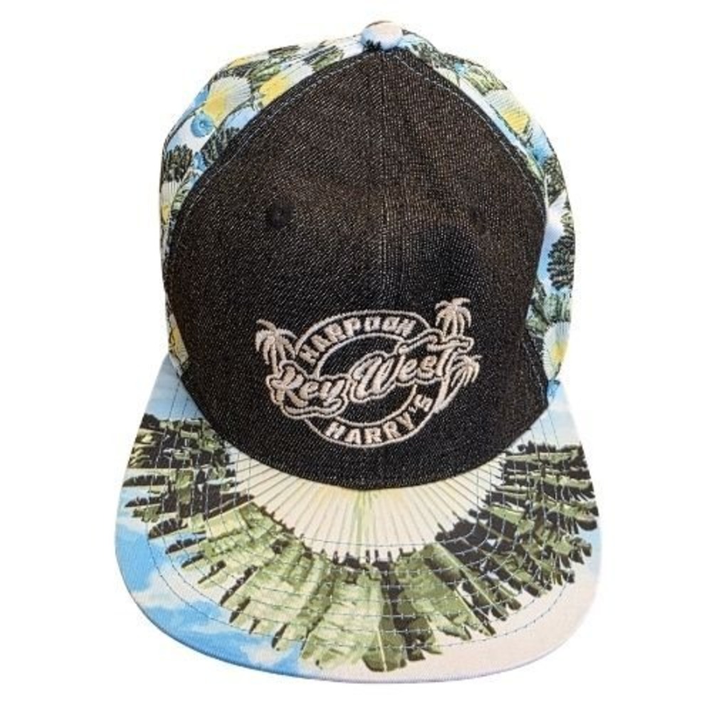 Harpoon Harrys Key West Travelers Palm Snapback Hat Tropical Denim Baseball‎ Cap